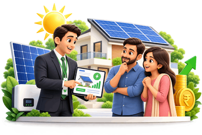 Solar sales representative presenting rooftop solar benefits to customers
